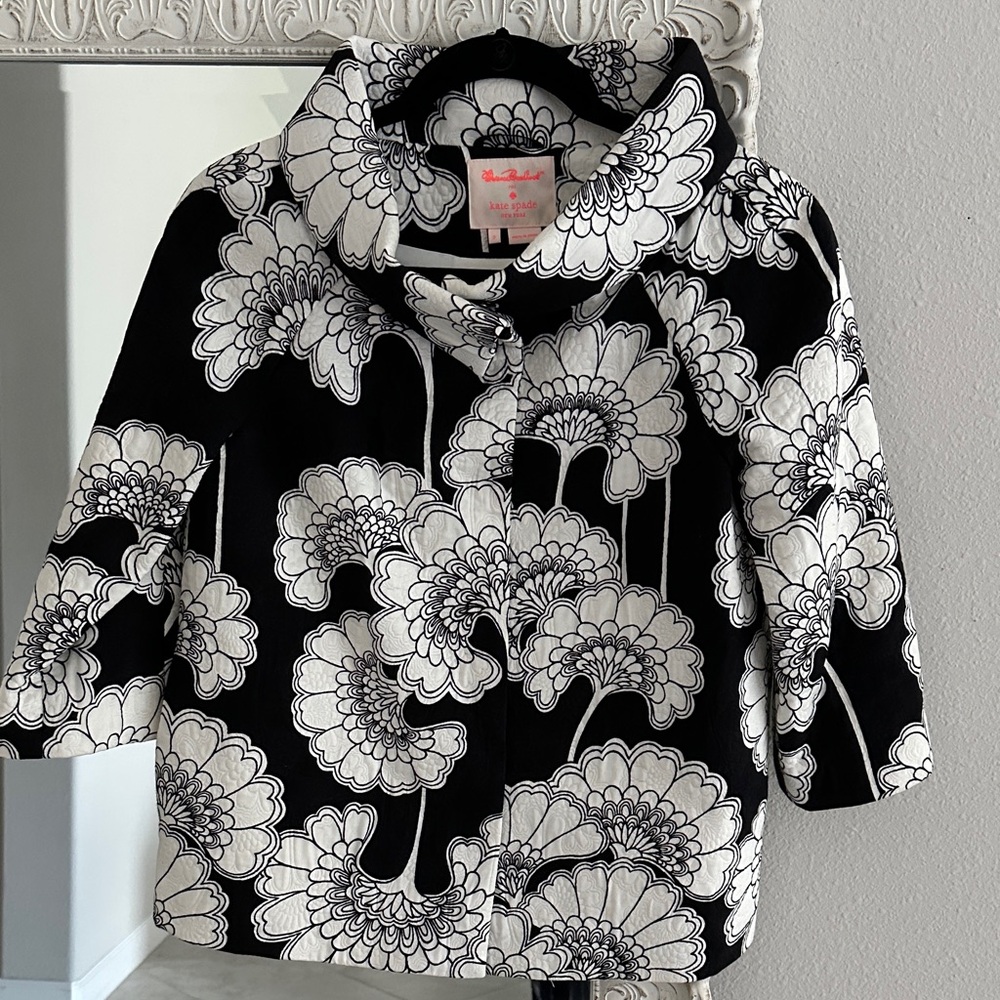 Kate Spade x Florence Broadhurst Black and White Floral Pierce Crop Jacket